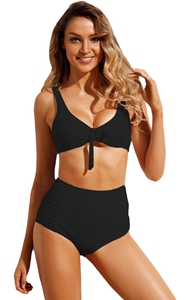 BY410655-2 White Tie Front Bikini Ruched High Waist Swimsuit